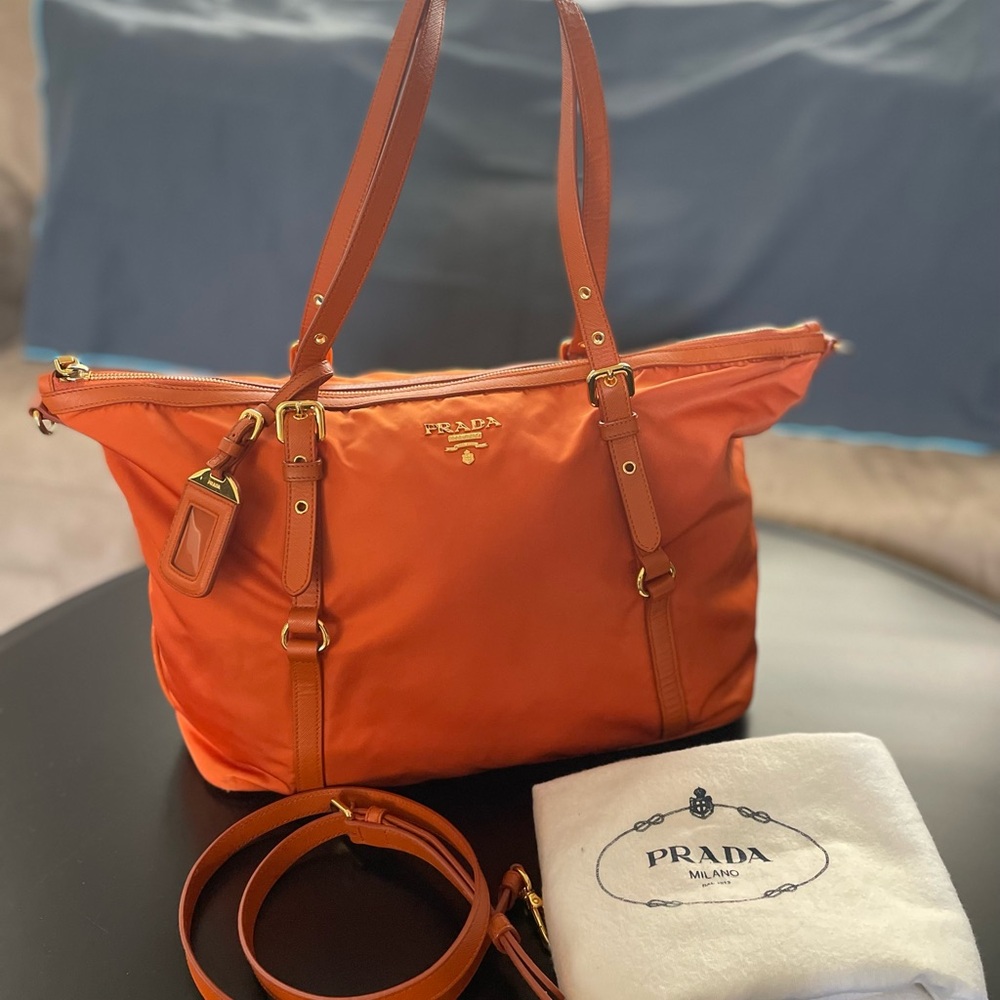 Prada Orange Tote with Gold Hardware and Leather Straps
